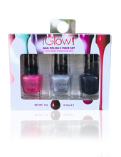 Load image into Gallery viewer, IGlow Nail Polish 3Pk (Sparkle Shades - Hot Pink, Silver, Royal Black)