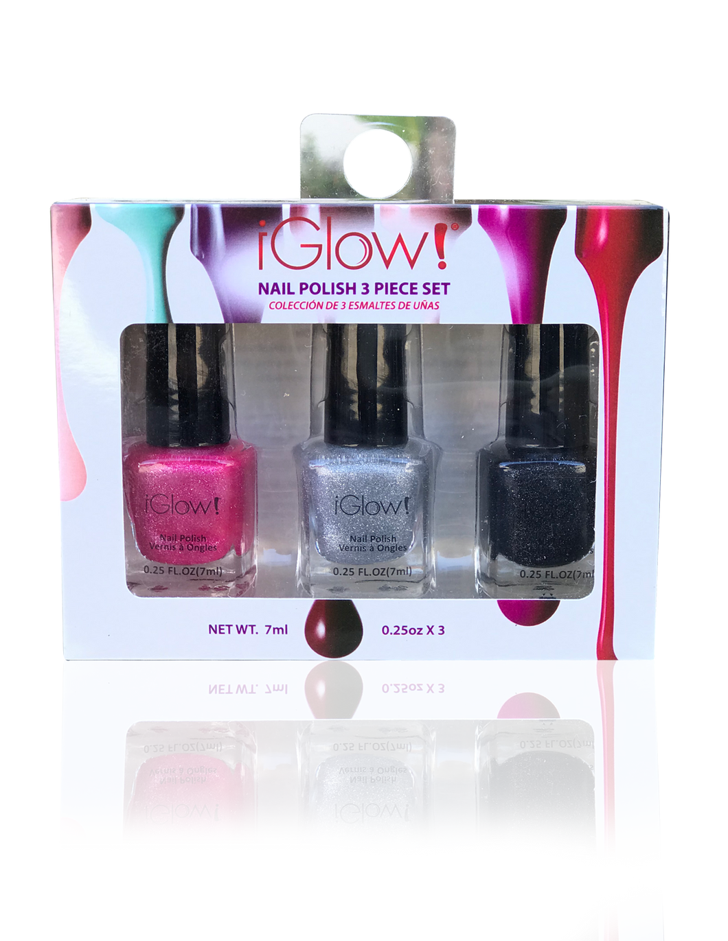 IGlow Nail Polish 3Pk (Sparkle Shades - Hot Pink, Silver, Royal Black)