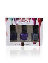 Load image into Gallery viewer, IGlow Nail Polish 3Pk (Sparkle Shades - Navy Blue, Violet, Silver)