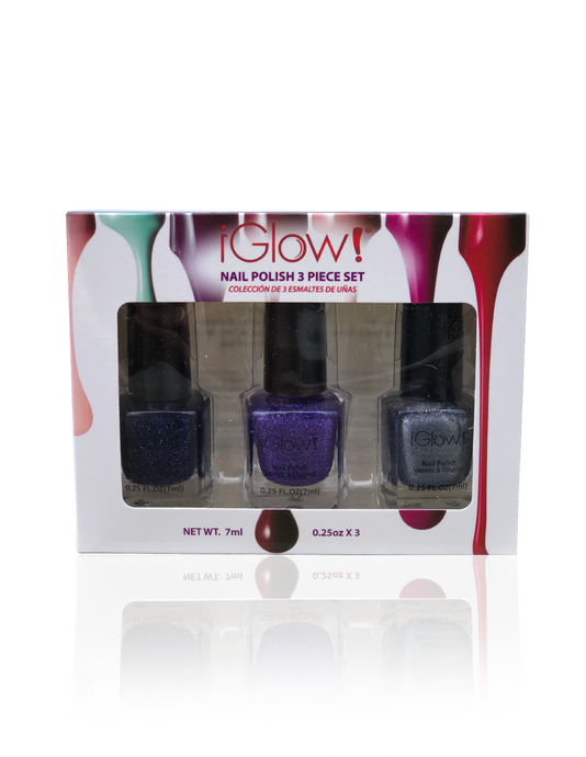 IGlow Nail Polish 3Pk (Sparkle Shades - Navy Blue, Violet, Silver)