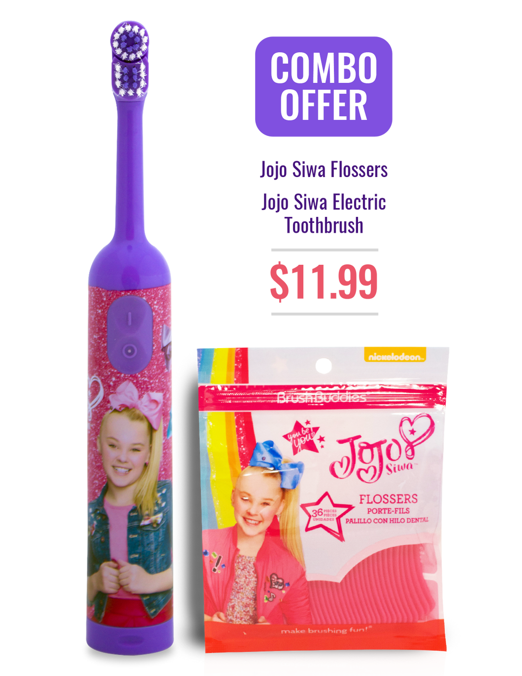 JoJo Siwa Kids Electric Toothbrush + Flossers Combo